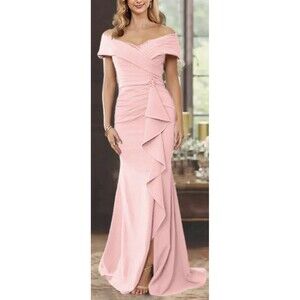 NWT Missacc Off Shoulder Sweep Train With Cascading Ruffle Gown Size 6 Pink Prom